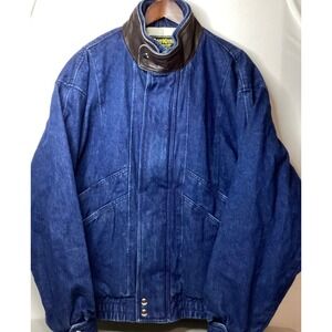 OshKosh‎ Denim Jacket Mens Leather Collar Snap Front Quilted Lined Coat
